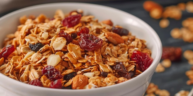 bowl of homemade granola showcasing the crunchy clusters of oats nuts and dried fruit Generative AI