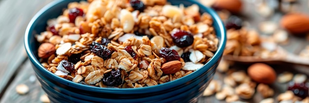 bowl of homemade granola showcasing the crunchy clusters of oats nuts and dried fruit Generative AI