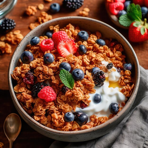 Bowl of homemade granola sprinkled with fresh berries and yogurt served with honey Healthy and nutritious taste of breakfast dishes Generative AI