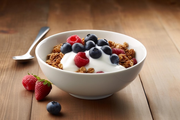 Bowl of homemade granola with yogurt and fresh berries on wooden background