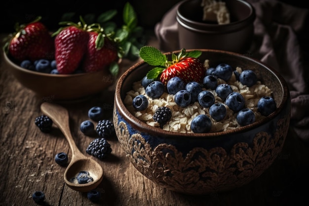 Bowl of homemade oat porridge with fresh blueberries and strawberries