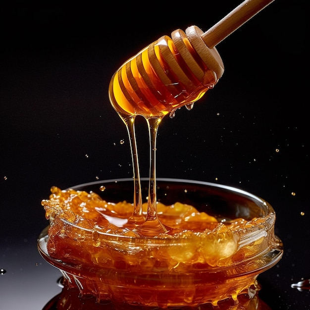 A bowl of honey is filled with honey and the word honey is on the side.