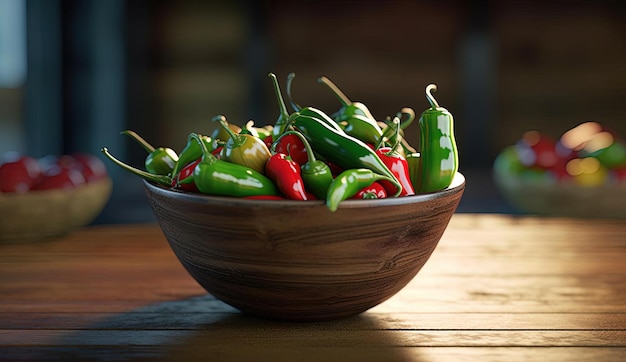 a bowl of hot peppers stacked on some wood