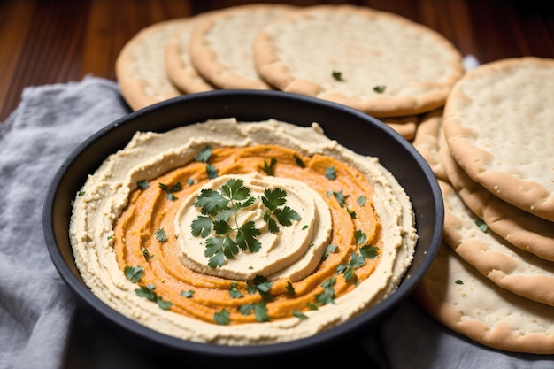 A bowl of hummus with a few whole wheat flour on the side.