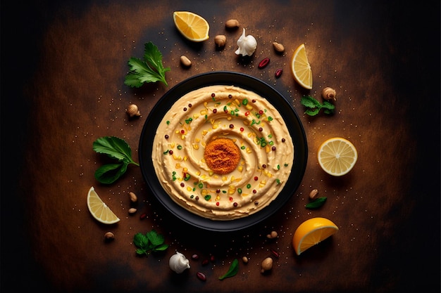 A bowl of hummus with a lemon and olives on top.