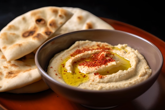 A bowl of hummus with red paprika on it