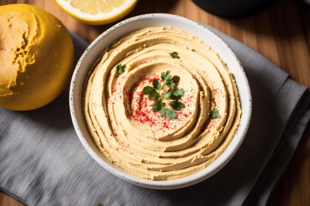 A bowl of hummus with a sprig of parsley on top.