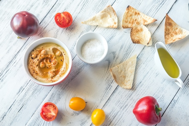 Bowl of hummus with and tortilla chips