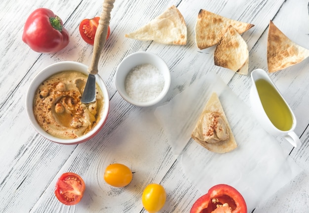 Bowl of hummus with and tortilla chips