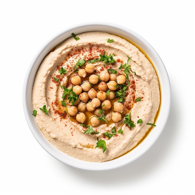 a bowl of hummus with white background