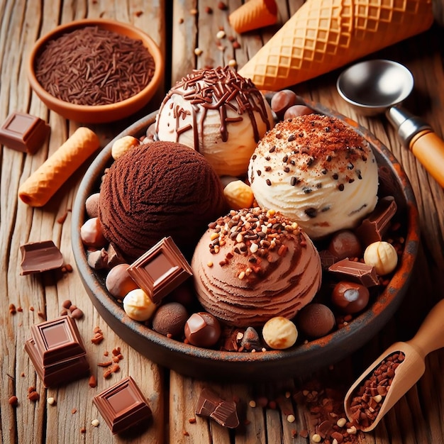 a bowl of ice cream and chocolate ice cream with a spoon on it