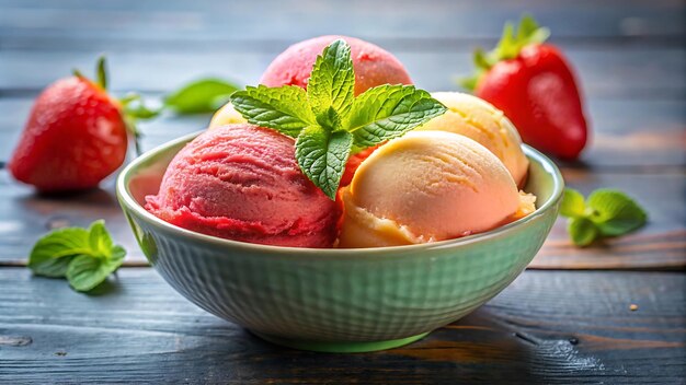 Photo a bowl of ice cream and ice cream with mint leaves on the side