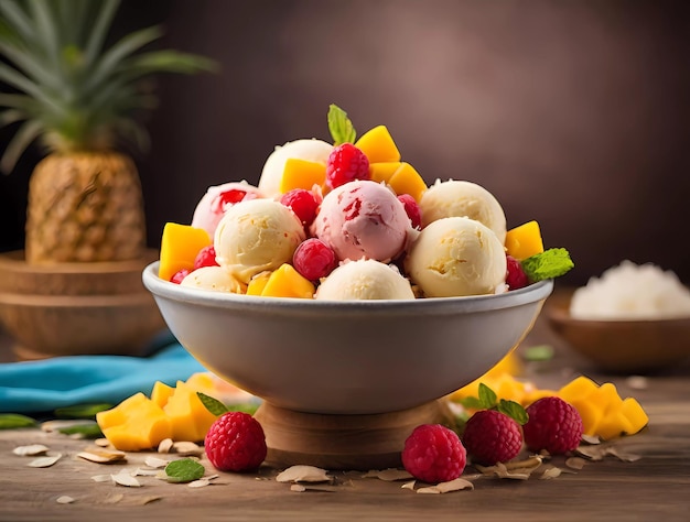 a bowl of ice cream and raspberries with a pineapple in the background