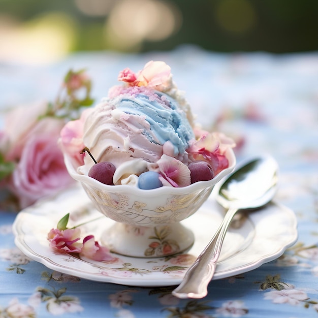 a bowl of ice cream sits on a table with a spoon