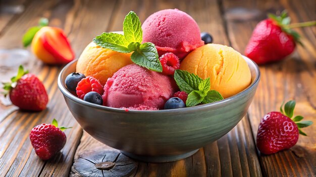 Photo a bowl of ice cream and a spoon with a strawberries in it