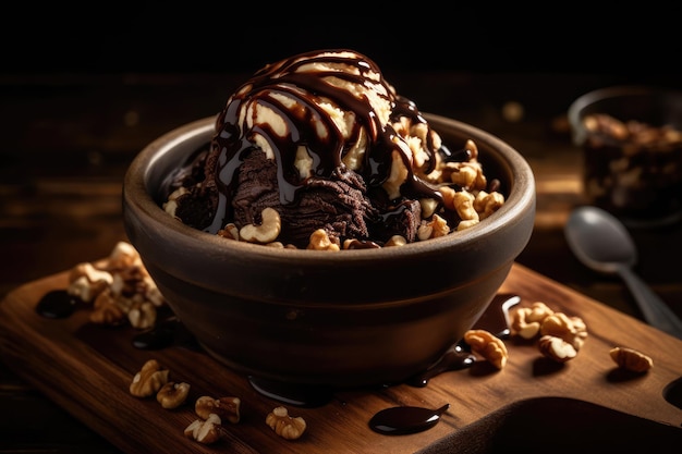 Bowl Of Ice Cream Topped With Hot Fudge And Nuts Ice Cream Day Celebration Generative AI