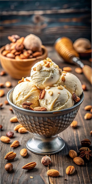 Photo a bowl of ice cream with almonds and nuts