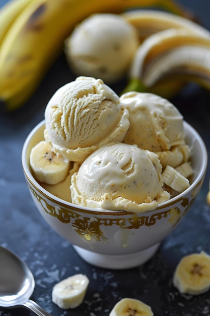 a bowl of ice cream with bananas and bananas on it