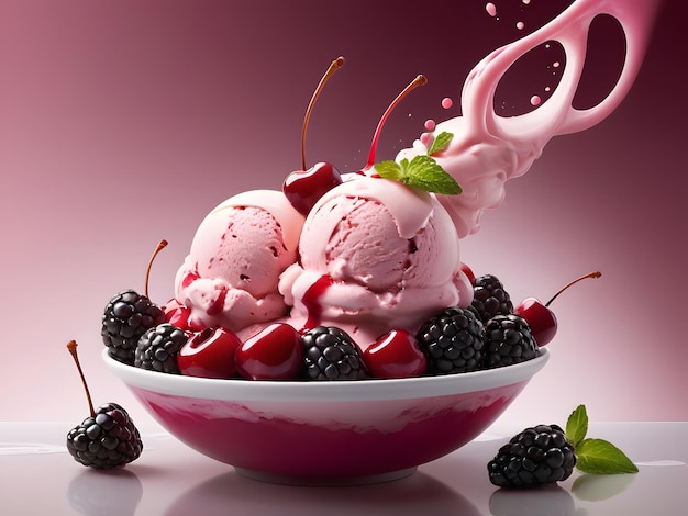 a bowl of ice cream with berries and blackberries