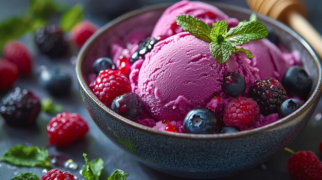 a bowl of ice cream with berries and a blackberry