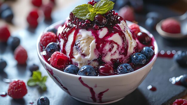 a bowl of ice cream with berries and blueberries on it