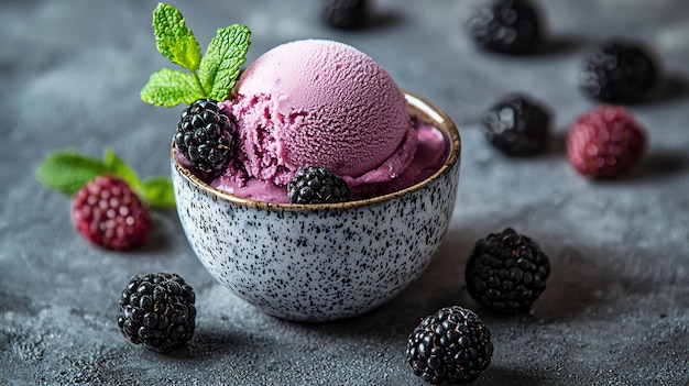 a bowl of ice cream with a blackberry in it