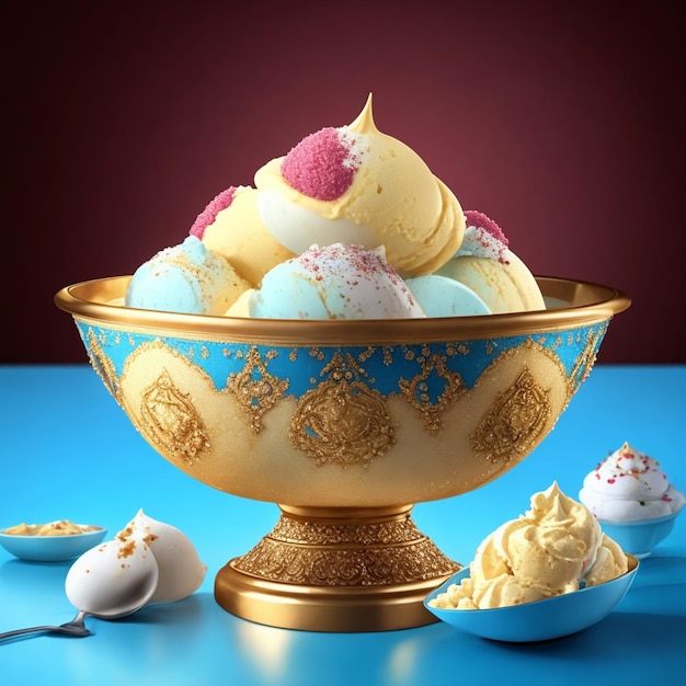 A bowl of ice cream with a blue background and a gold rim.