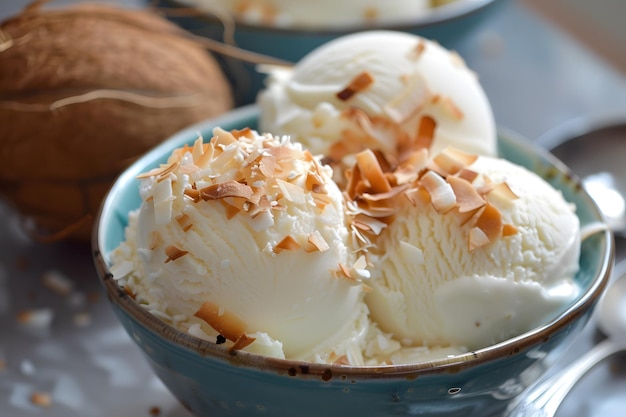 a bowl of ice cream with a bunch of coconuts in it