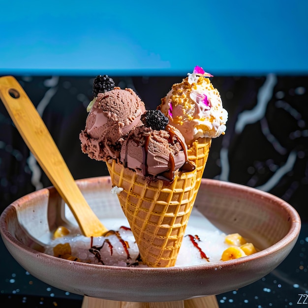 A bowl of ice cream with chocolate and berries