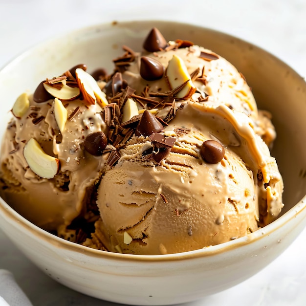 A bowl of ice cream with chocolate chips and nuts