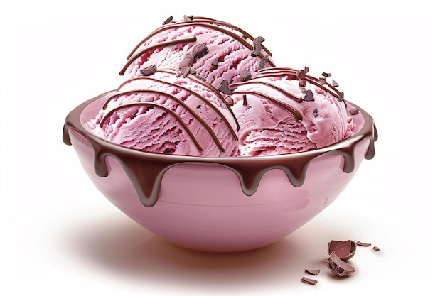 a bowl of ice cream with chocolate drizzled on top