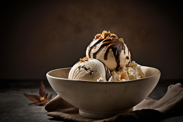 A bowl of ice cream with chocolate sauce and walnuts.