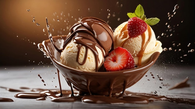 A bowl of ice cream with chocolate and strawberries ai generated