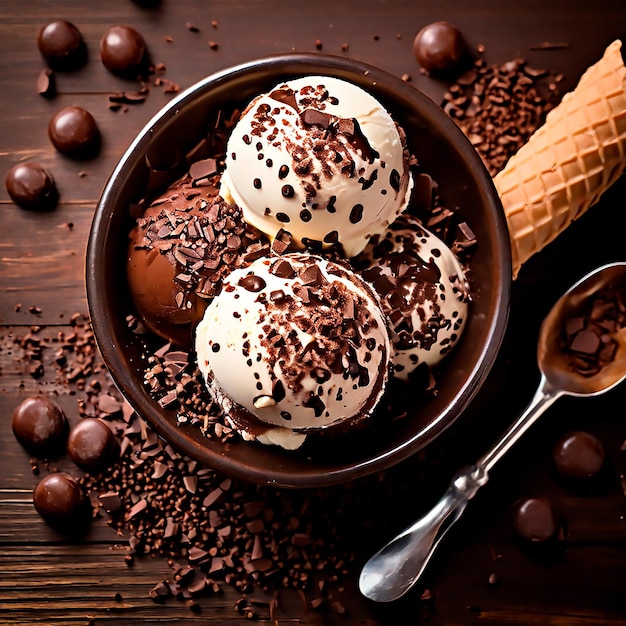 a bowl of ice cream with chocolate and vanilla ice cream