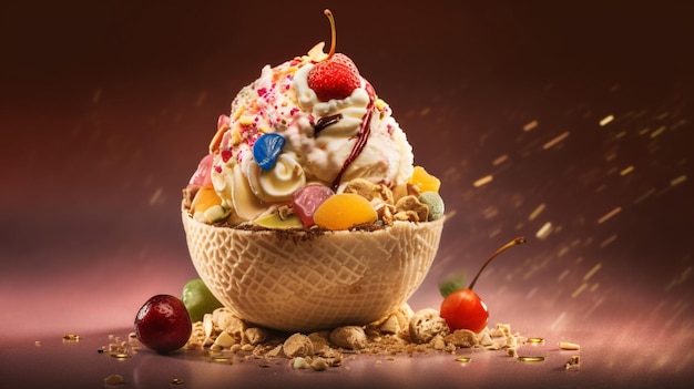 A bowl of ice cream with a colorful fruit topping and a dark background