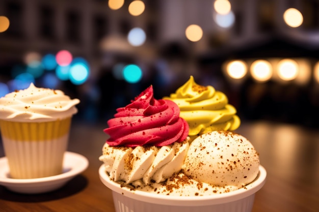 A bowl of ice cream with different flavors on top