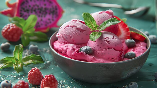 a bowl of ice cream with a dragon fruit and mint leaves