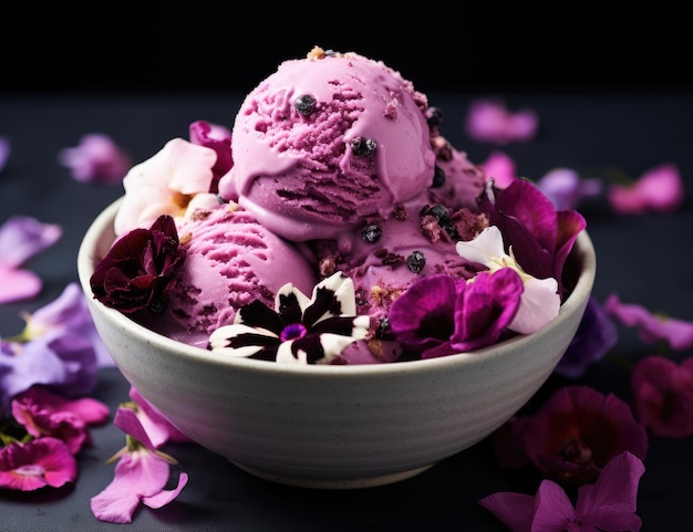 a bowl of ice cream with flowers