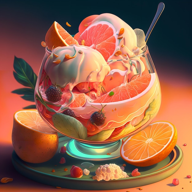 A bowl of ice cream with a fruit and a spoon.