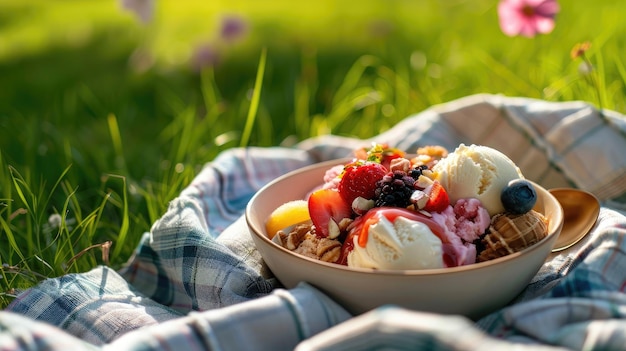 Bowl of ice cream with fruits and nuts on picnic blanket outdoors