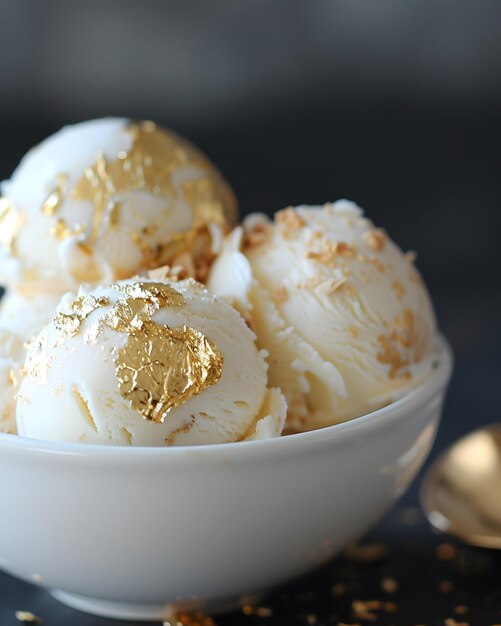 a bowl of ice cream with a gold leaf on it