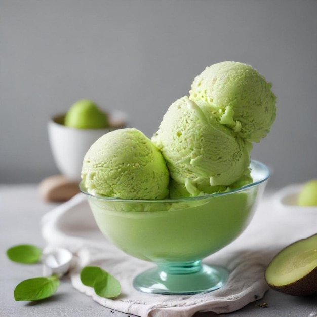 a bowl of ice cream with green ice cream in it