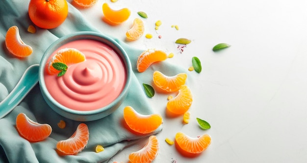 a bowl of ice cream with a pink and green leaf