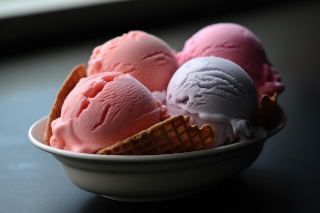 A bowl of ice cream with pink and purple ice cream on top.