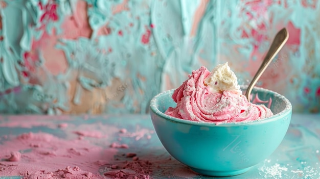 Photo a bowl of ice cream with pink and white frosting and a pink flower in the center