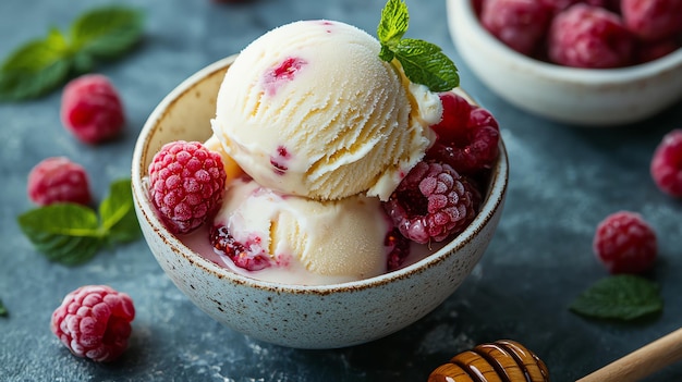 a bowl of ice cream with raspberries and a cookie