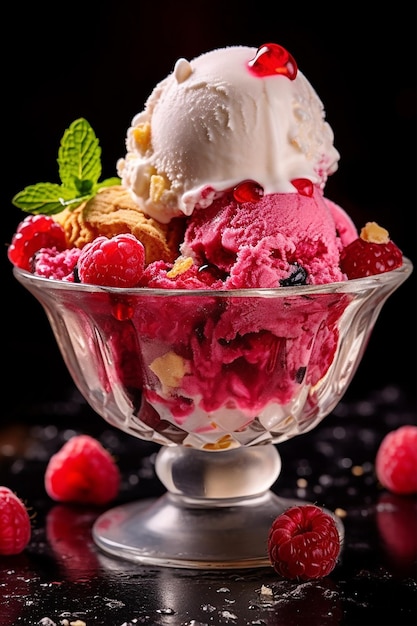 A bowl of ice cream with raspberries and nuts on top