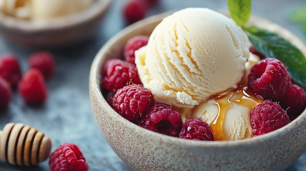 a bowl of ice cream with raspberries and raspberries