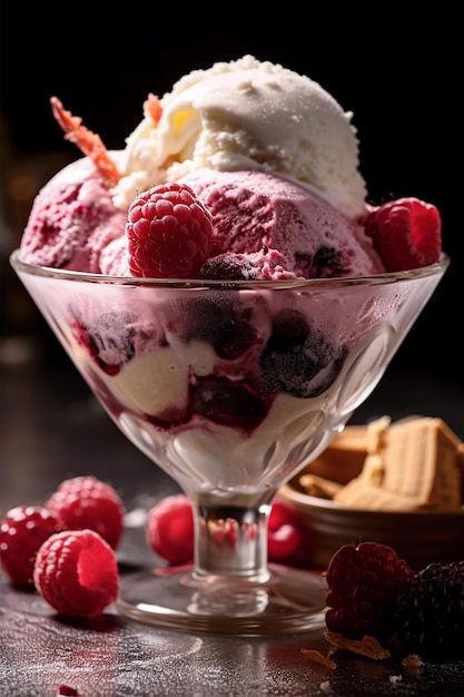 A bowl of ice cream with raspberries and a waffle on top