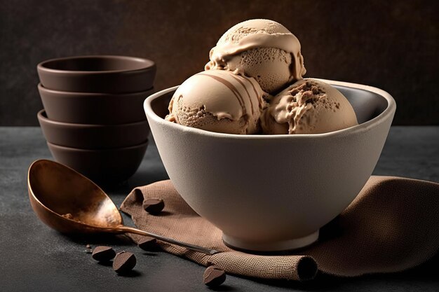 A bowl of ice cream with a spoon next to it and a cup of coffee on a table.